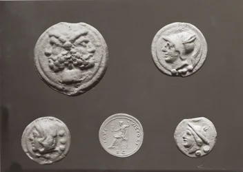 Fem mønter med Janus, Jupiter, Merkur og Minerva, 753 f.Kr.-476 e.Kr. (metal)